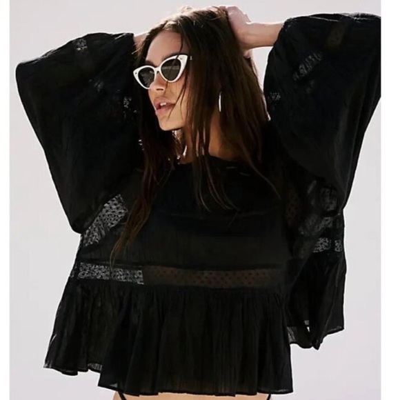 NWT FREE PEOPLE Andi Long Balloon Sleeve Trapeze Style Sheer Top X-Small - Picture 1 of 4